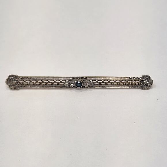 Antique Jewelry Jewelry - Art Deco Antique 10k White Gold Filigree Bar Pin Brooch Blue Sapphire Edwardian